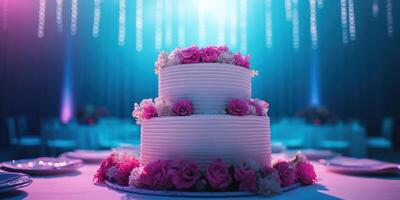 Elegant three-tier wedding cake adorned with pink flowers under soft blue lighting at a reception venue photo