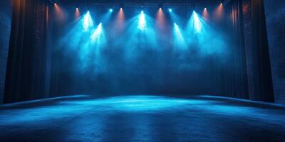 Illuminated stage with blue lighting effects in an empty theater environment during a performance preparation photo