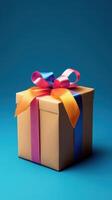 Unique gift box with a colorful bow against a blue backdrop in a vibrant, festive atmosphere photo