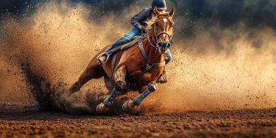 Horse and rider compete in fast-paced rodeo event on dusty track under dramatic sky photo
