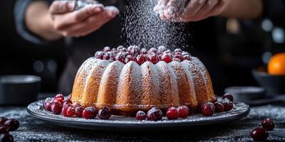 Delicious bundt cake being decorated with powdered sugar and cranberries in a cozy kitchen setting photo