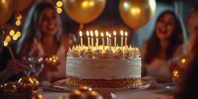 Birthday celebration with cake and golden decorations in a festive setting during evening photo