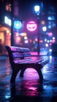 Nighttime street with a wet bench illuminated by neon lights in a rainy urban setting photo
