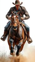 Skilled cowboy riding a powerful horse in dynamic action through dusty terrain during golden hour photo