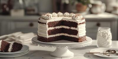 Delicious chocolate cake served on a white cake stand in a cozy kitchen setting during a morning gathering photo