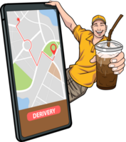 A large smartphone billboard that conveys the message of a caring online order delivery person png