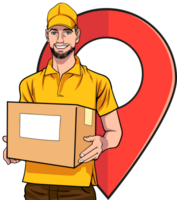 Cool retro delivery man checks location via smartphone while delivering with a smile png