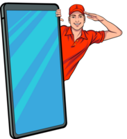 A billboard featuring a delivery man emerging from a giant smartphone conveys the message of fast service and attentiveness. png