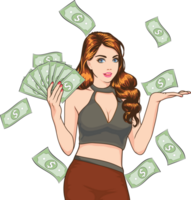 Retro millionaire counting stacks of money with a bemused expression. png