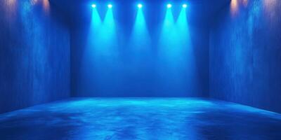 Blue illuminated empty room with spotlight effects creates a dramatic and modern atmosphere for performances or presentations photo