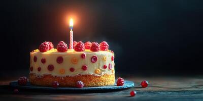 Delicious round cake topped with fresh raspberries and a lit candle placed on a dark wooden table in a cozy setting photo