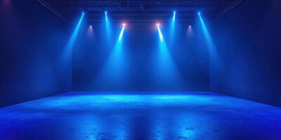 Bright blue stage lights illuminate an empty performance space ready for an exciting event in the evening photo