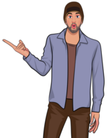 A cool guy wearing a beanie is standing and pointing at something with a surprised look on his face. png