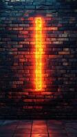 Bright neon light glows against a textured brick wall in a dimly lit urban setting photo