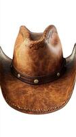 Stylish brown leather cowboy hat showcasing intricate craftsmanship and rustic appeal photo