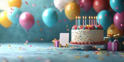 Colorful birthday celebration with cake, balloons, and gifts in a festive setting photo