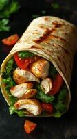 Fresh chicken wrap with vegetables served on a dark background, highlighting its vibrant colors and textures photo