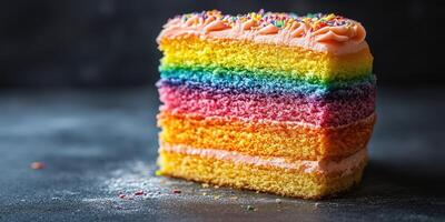 Delicious slice of rainbow cake showcasing vibrant layers and colorful frosting on a dark background photo