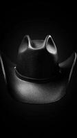 Black leather cowboy hat displayed against a contrasting dark background emphasizing its shape and texture photo