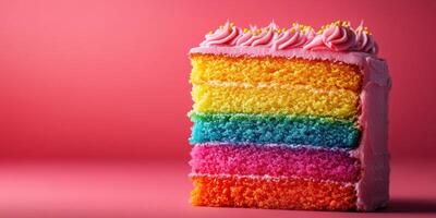 Delicious rainbow cake with vibrant layers and frosting on pink background photo