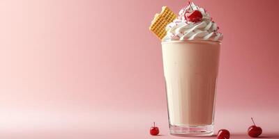 Delicious milkshake topped with whipped cream, cherries, and a wafer in a glass against a pink background photo