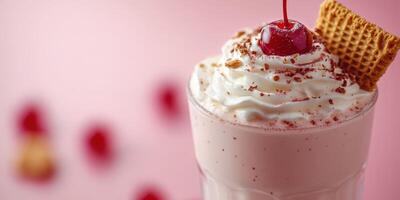 Delicious strawberry milkshake topped with whipped cream, cherry, and wafer served in a glass photo