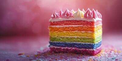 Colorful layered cake with vibrant rainbow design and decorative frosting displayed on a bright background photo