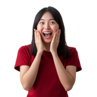 Amazed and playful reaction from a woman in red png