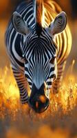 Striking zebra walks through golden grass during sunset in savannah landscape photo