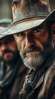 Cowboys with weathered faces in desert landscape during sunset in western setting photo