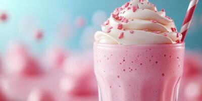 Sweet pink milkshake topped with whipped cream and sprinkles served in a clear glass photo