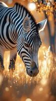 Zebra grazing in a golden autumn meadow under soft sunlight photo