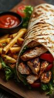 Grilled chicken wrap served with crispy fries and dipping sauce on a wooden platter in a cozy setting photo