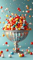 Colorful candies create a vibrant display in a shiny bowl against a bright blue background photo
