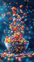Colorful jelly beans suspended above a shimmering bowl create a magical candy display at a lively celebration photo
