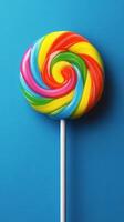 Colorful lollipop on a bright blue background with swirls of rainbow colors showcasing candy design photo