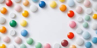 Colorful array of circular tablets displayed in a circular pattern on a white surface photo