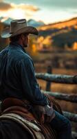 Cowboy overlooking a scenic landscape during golden hour in a rural setting photo