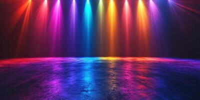 Colorful stage lighting creates a vibrant atmosphere in an empty performance space at night photo