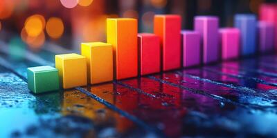 Colorful bar graph visualizing data trends in a dynamic urban setting during evening hours photo