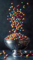 Colorful candies tumble into a shiny bowl creating a vibrant display in a cozy kitchen setting photo