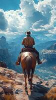 Cowboy riding horse on a mountain trail overlooking vast panoramic scenery during a clear day photo