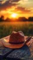 Sunset silhouette of a cowboy hat resting on a wooden table in a field photo