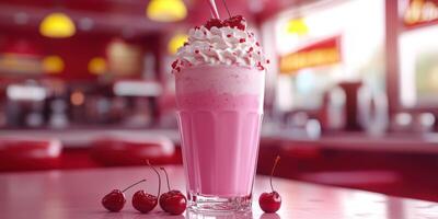 Delicious milkshake topped with whipped cream and cherries served in a retro diner setting photo