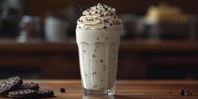 Creamy milkshake topped with whipped cream and chocolate sprinkles placed on a wooden table in a cozy cafe photo