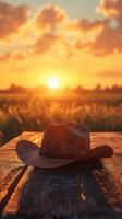Rustic cowboy hat on wooden table with sunset backdrop creating a warm, inviting rural atmosphere photo