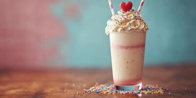 Delicious milkshake adorned with whipped cream, sprinkles, and a heart-shaped candy on a colorful background photo