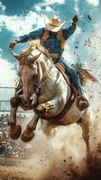 Exciting rodeo event showcases a cowboy riding a powerful horse during an afternoon competition in a lively arena photo