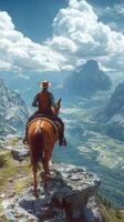 Cowboy riding a horse on a mountain overlook with a breathtaking valley view in nature's beauty photo