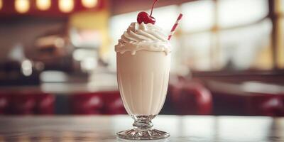 Creamy milkshake topped with whipped cream and cherry served in a retro diner setting photo